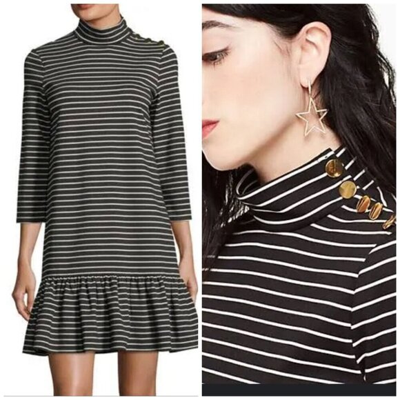 Kate‎ Spade Broome Street Dress Women Small Black Ivory Striped Mock Neck Knit - Picture 1 of 10